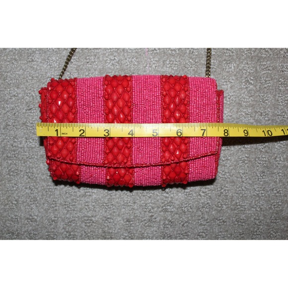 Anthropologie Beaded Striped Crossbody Bag Red Pink Chain Strap NWT - Picture 7 of 12